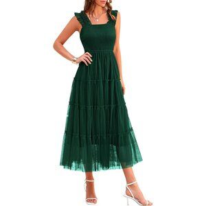 Women's Green Summer Tulle Midi Dress Sleeveless Smocked Dresses Party Wedding